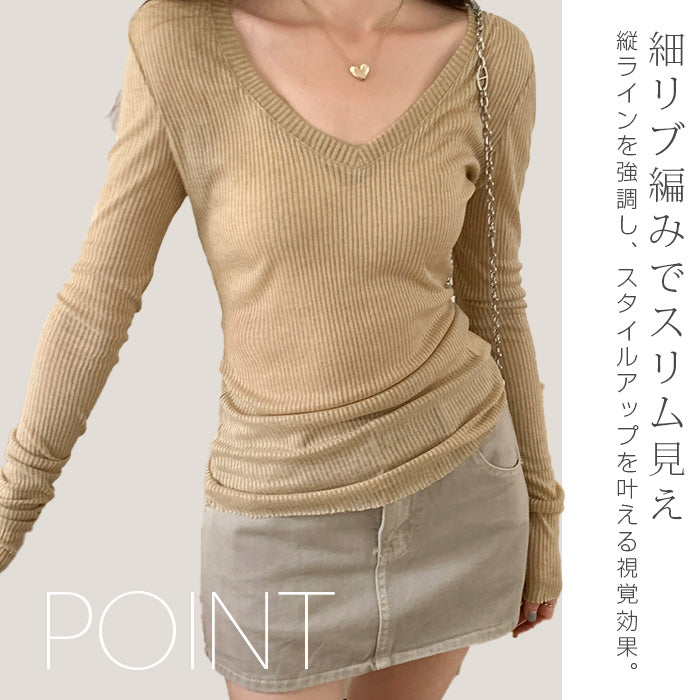 透け感Vネックリブトップス