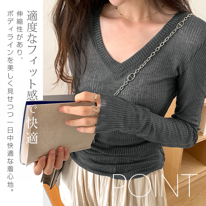 透け感Vネックリブトップス