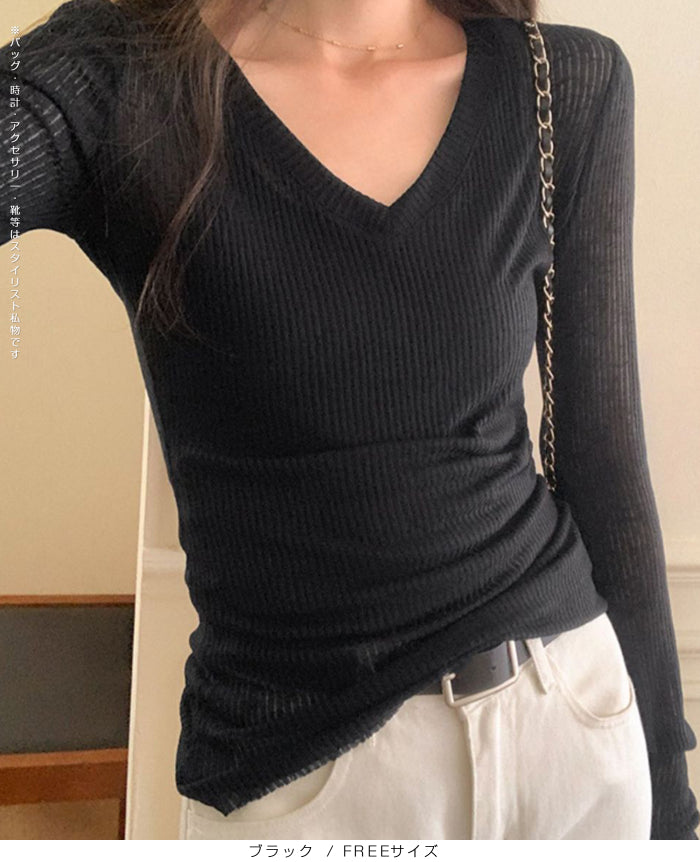 透け感Vネックリブトップス