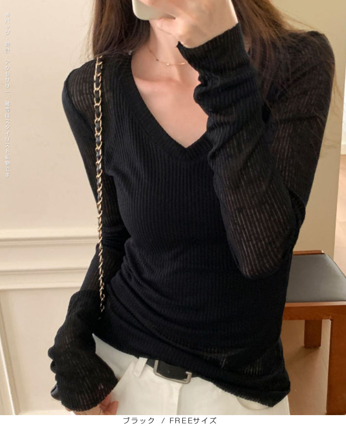 透け感Vネックリブトップス
