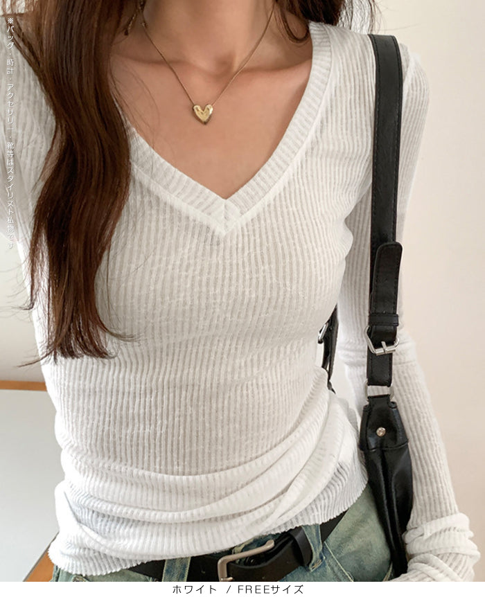 透け感Vネックリブトップス
