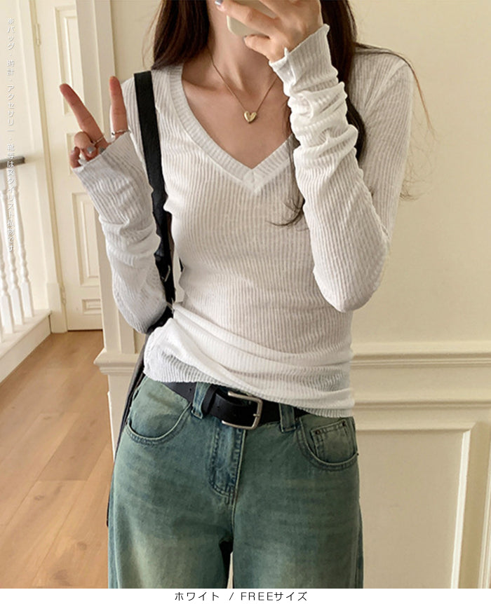 透け感Vネックリブトップス