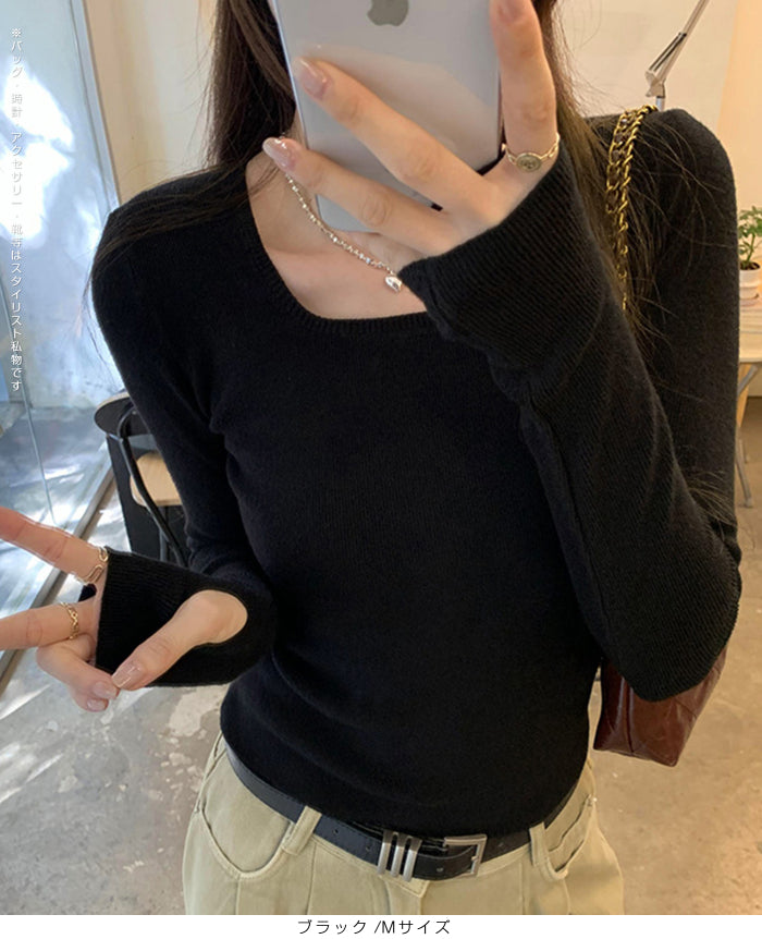 サムホール付きスクエアネックリブニット