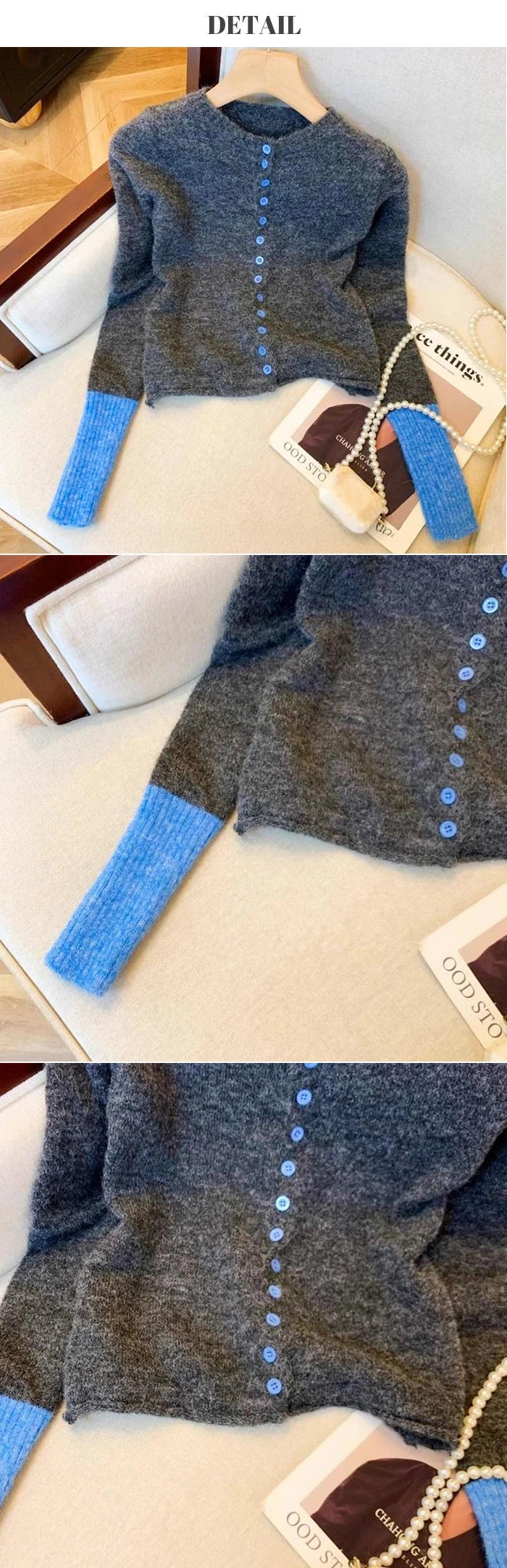 パッチワーク風クルーネックニットトップス