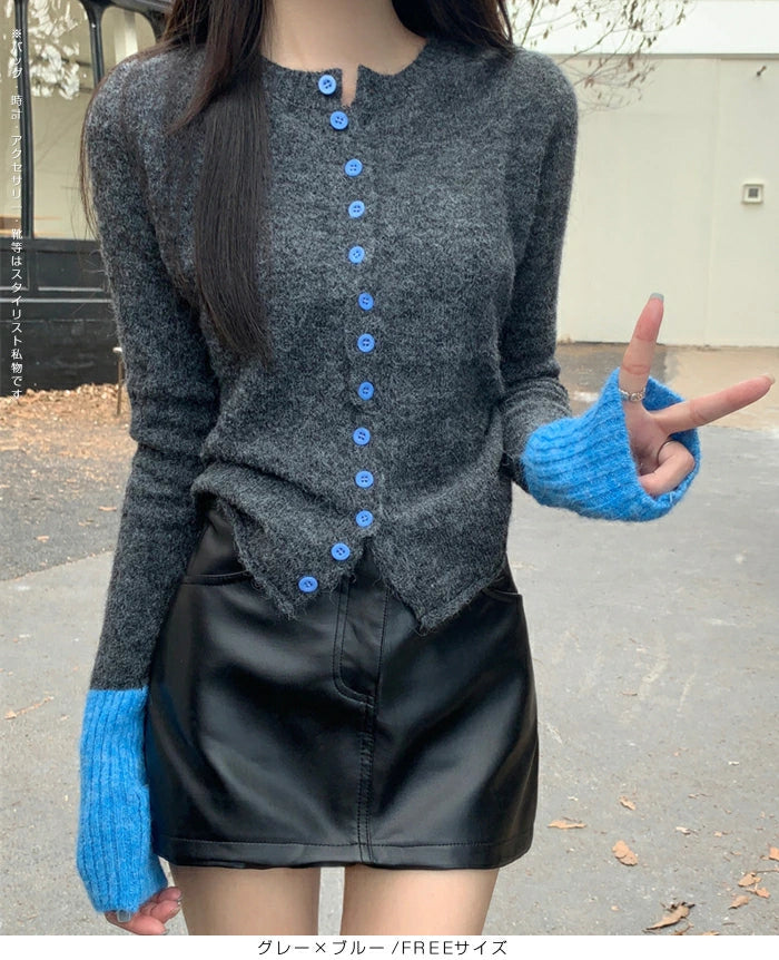 パッチワーク風クルーネックニットトップス