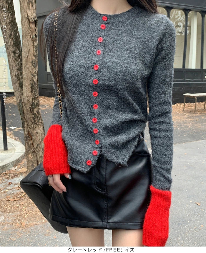 パッチワーク風クルーネックニットトップス