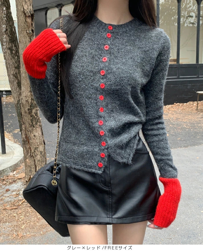 パッチワーク風クルーネックニットトップス