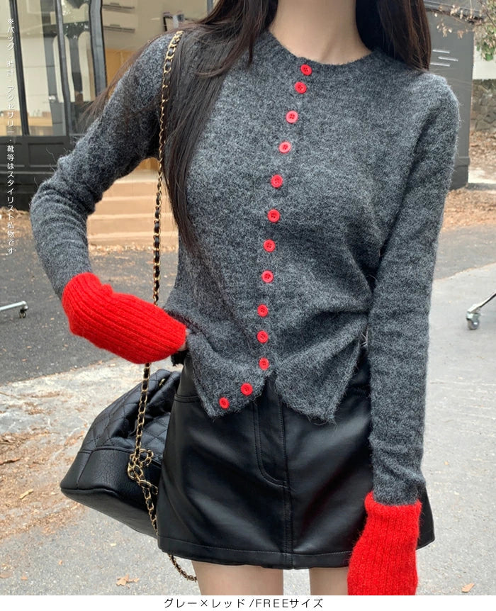 パッチワーク風クルーネックニットトップス