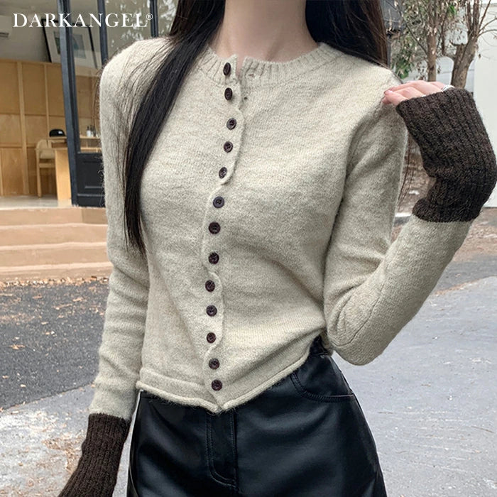 パッチワーク風クルーネックニットトップス