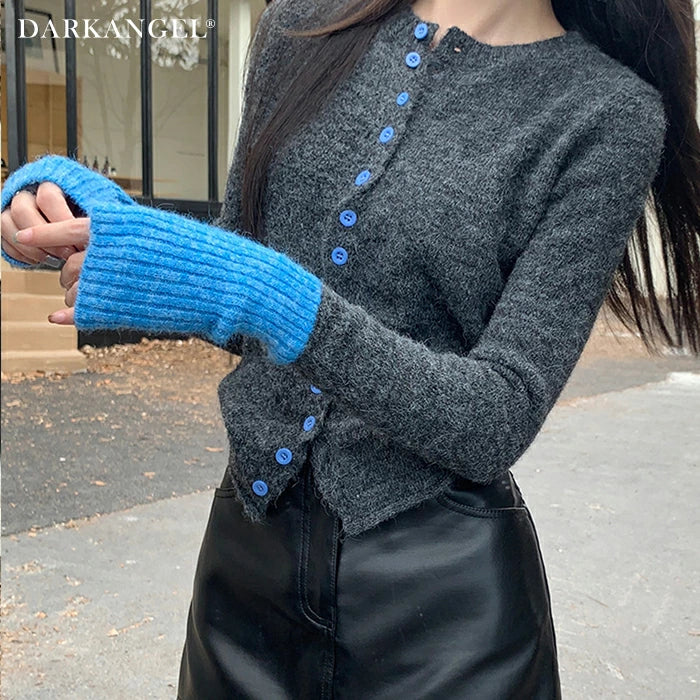 パッチワーク風クルーネックニットトップス