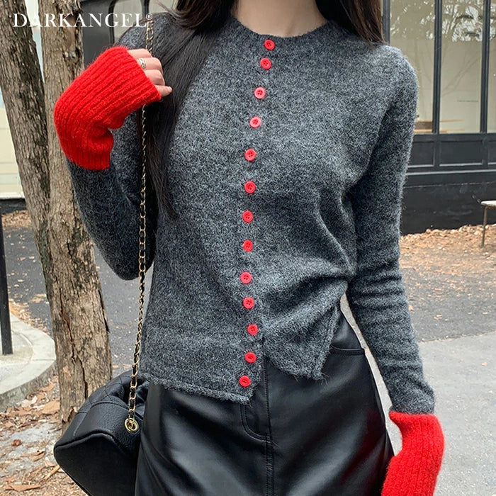 パッチワーク風クルーネックニットトップス