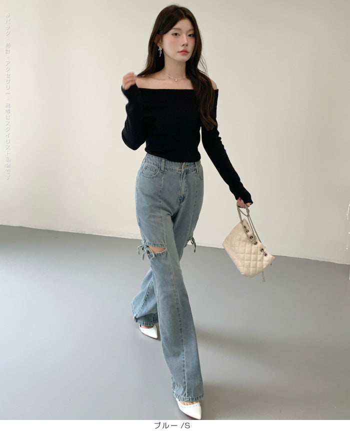 カットアウトリボンデニムパンツ