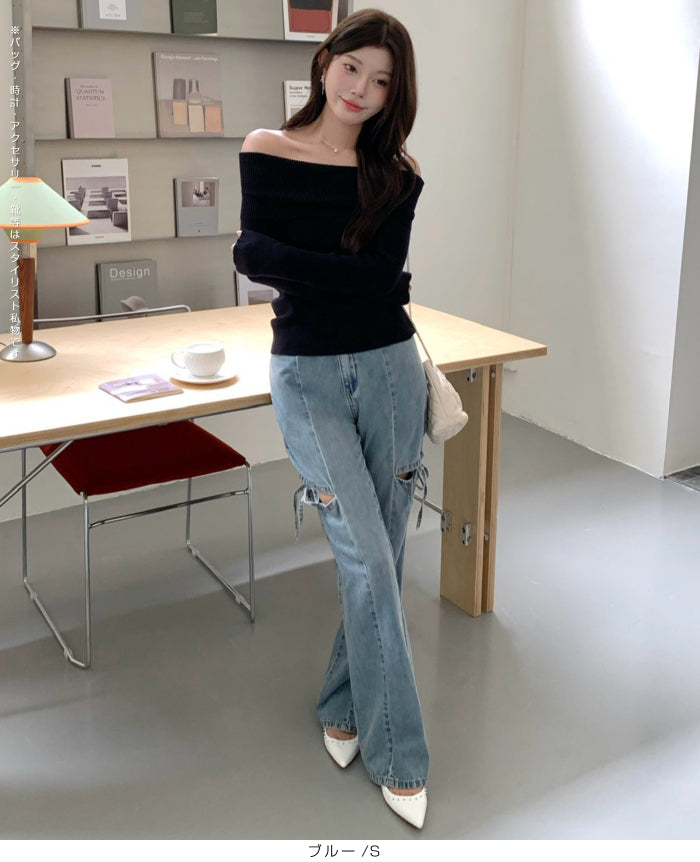 カットアウトリボンデニムパンツ