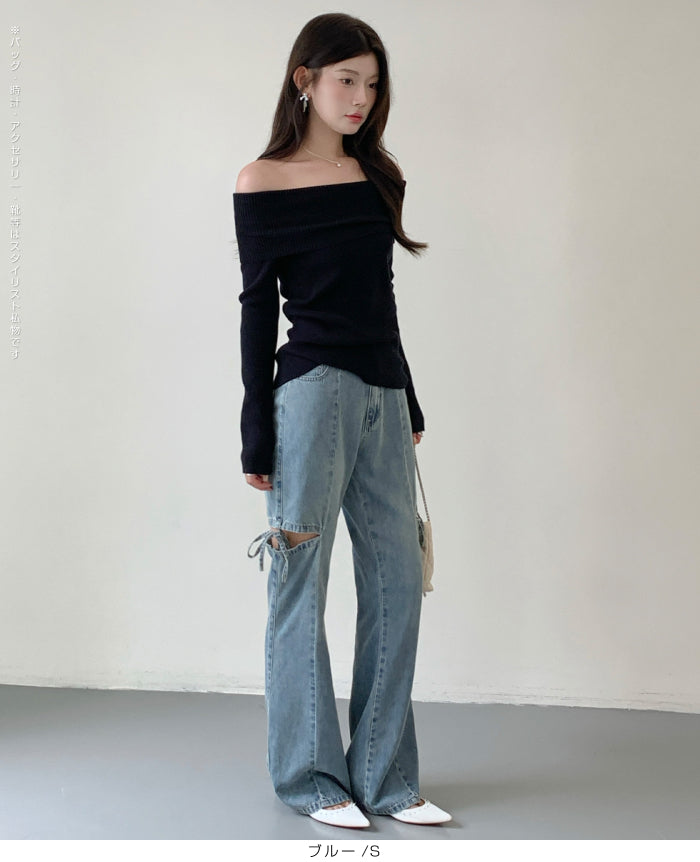 カットアウトリボンデニムパンツ