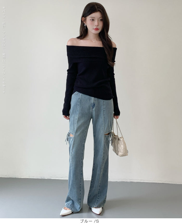 カットアウトリボンデニムパンツ