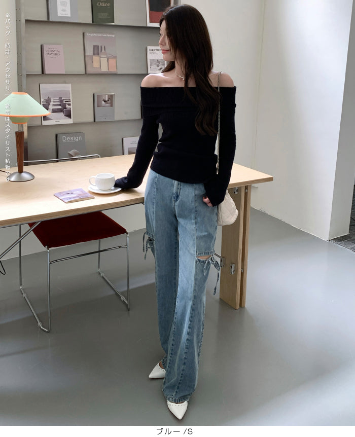 カットアウトリボンデニムパンツ