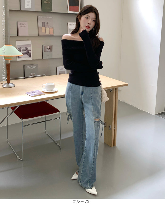 カットアウトリボンデニムパンツ