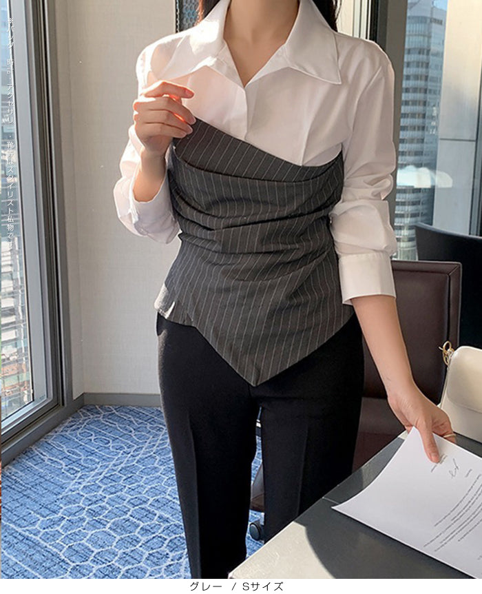 ピンストライプビスチェ風ドッキングシャツブラウス