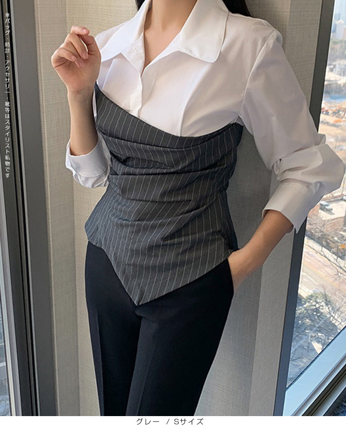 ピンストライプビスチェ風ドッキングシャツブラウス