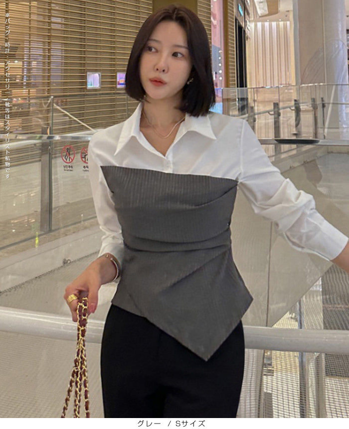 ピンストライプビスチェ風ドッキングシャツブラウス