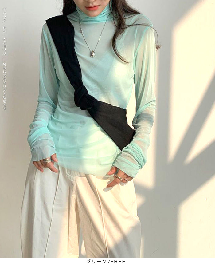 シアーメッシュタートルネックトップス