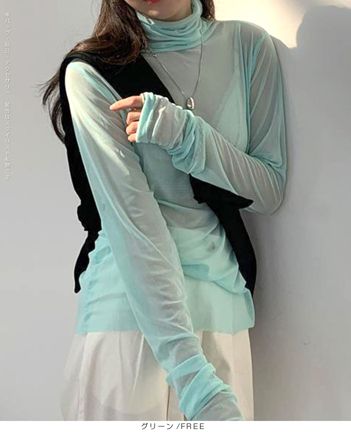 シアーメッシュタートルネックトップス