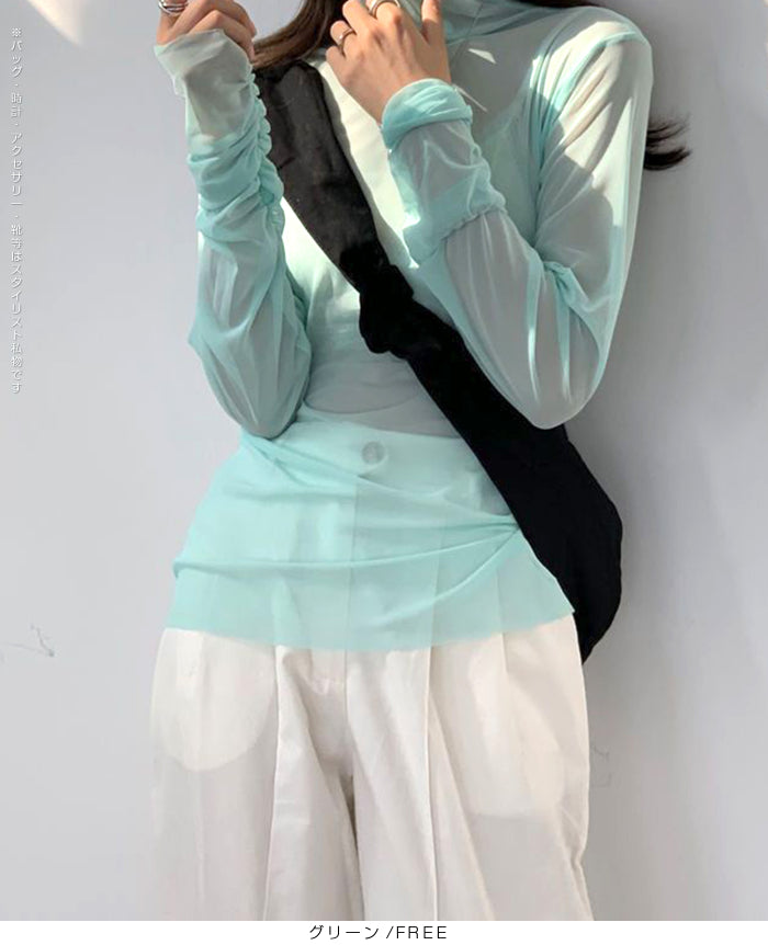 シアーメッシュタートルネックトップス