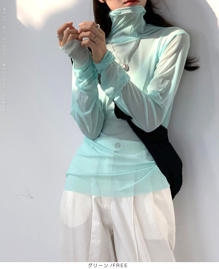 シアーメッシュタートルネックトップス