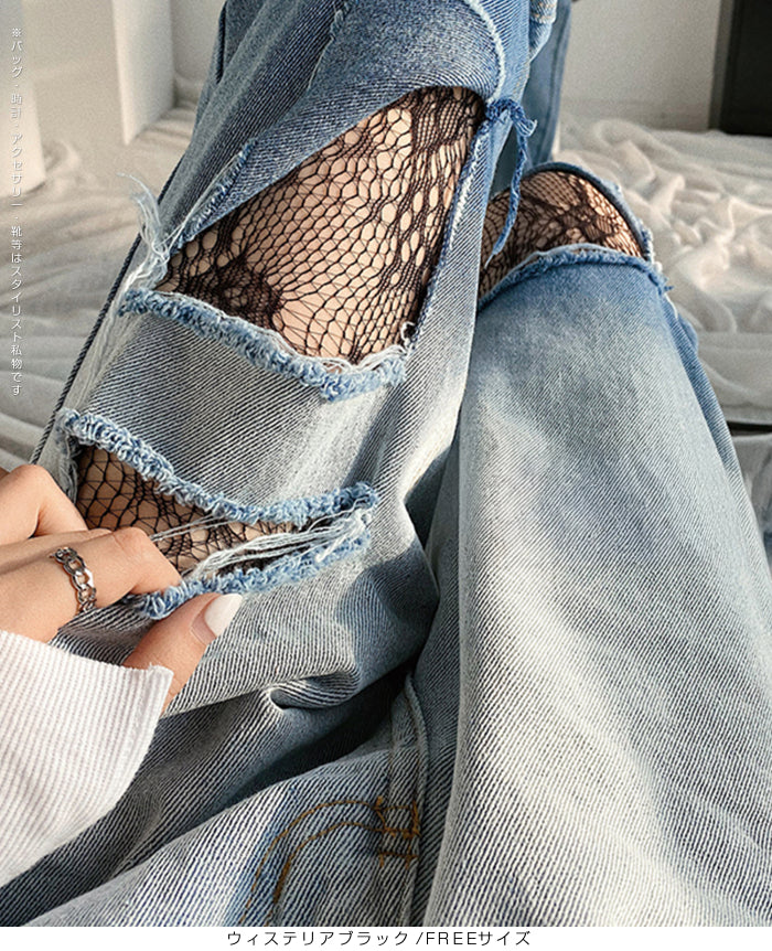 06花柄&リボンレースストッキングパンツ