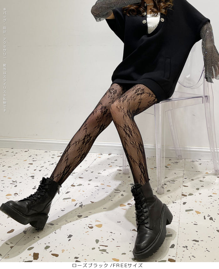 06花柄&リボンレースストッキングパンツ