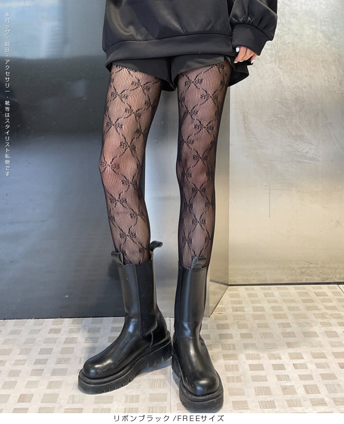 06花柄&リボンレースストッキングパンツ