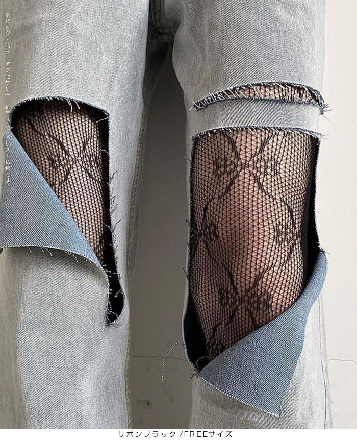 06花柄&リボンレースストッキングパンツ