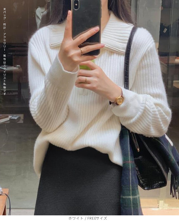 リブニット ハーフジップ ファスナー 襟付き 長袖 レディース セーター トップス プルオーバー ポロニット ハイネック タートルネック 白 黒 赤 ブラウン アイボリー【ハーフジップリブニット】