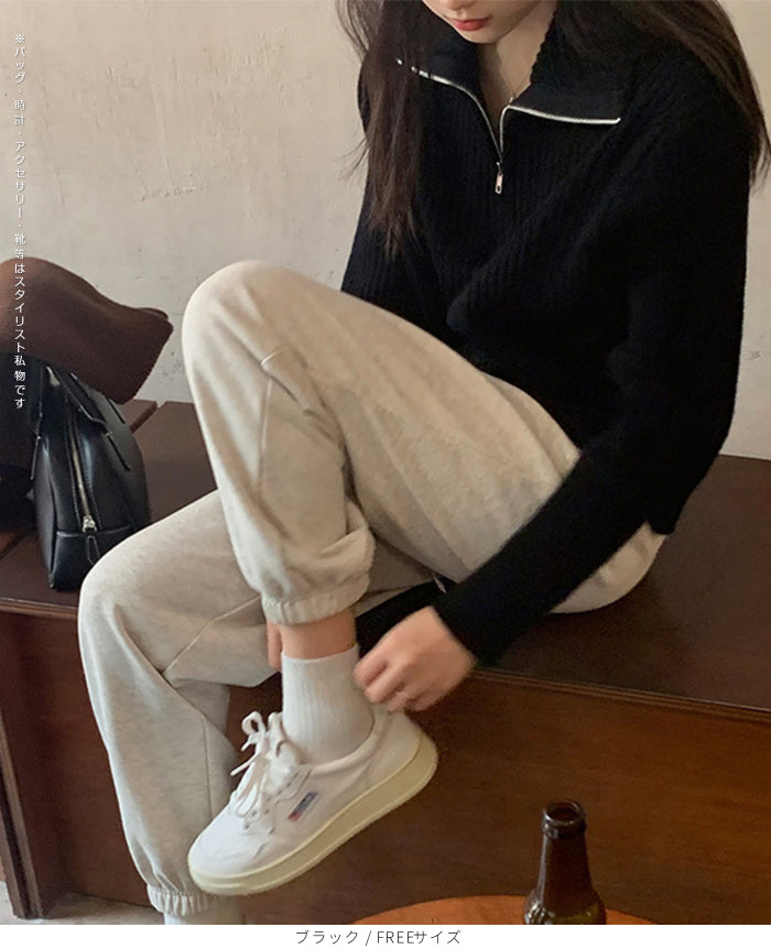 リブニット ハーフジップ ファスナー 襟付き 長袖 レディース セーター トップス プルオーバー ポロニット ハイネック タートルネック 白 黒 赤 ブラウン アイボリー【ハーフジップリブニット】