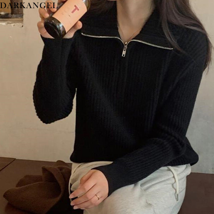 リブニット ハーフジップ ファスナー 襟付き 長袖 レディース セーター トップス プルオーバー ポロニット ハイネック タートルネック 白 黒 赤 ブラウン アイボリー【ハーフジップリブニット】