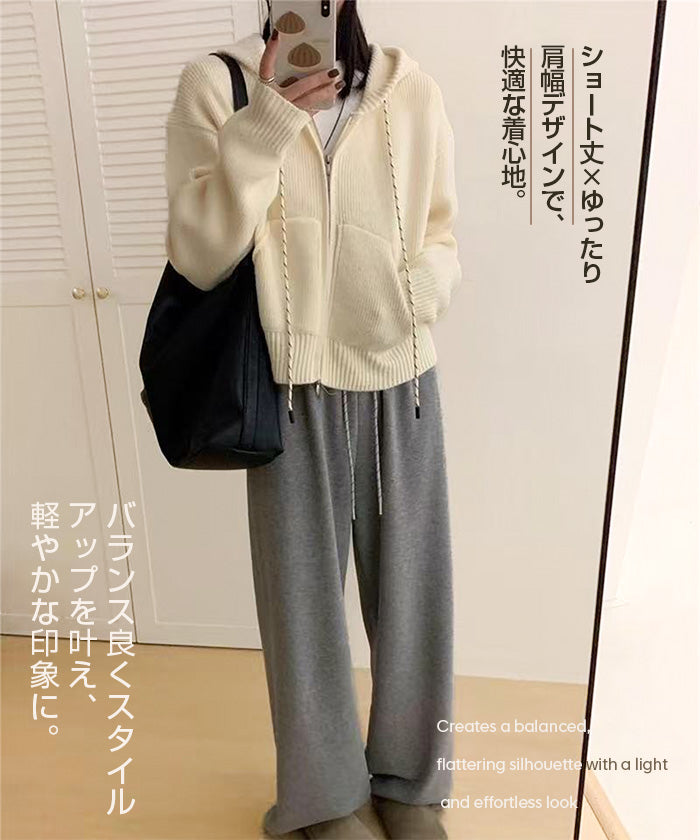 フード付きジップアップショートカーディガン