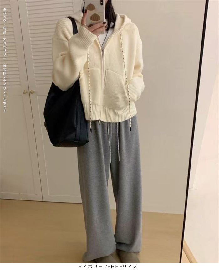 フード付きジップアップショートカーディガン