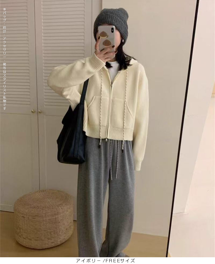 フード付きジップアップショートカーディガン