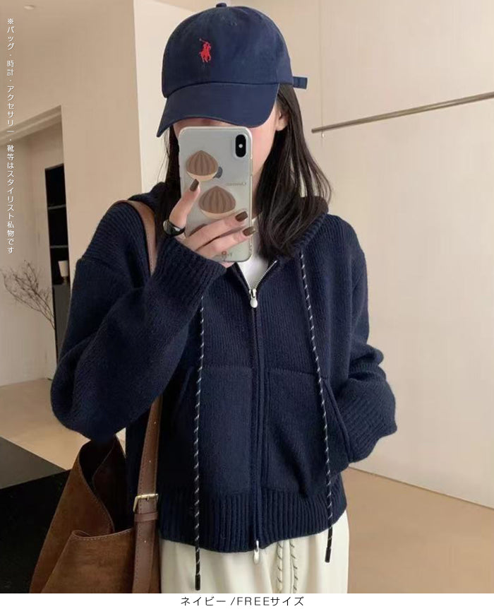 フード付きジップアップショートカーディガン