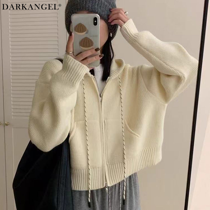 フード付きジップアップショートカーディガン