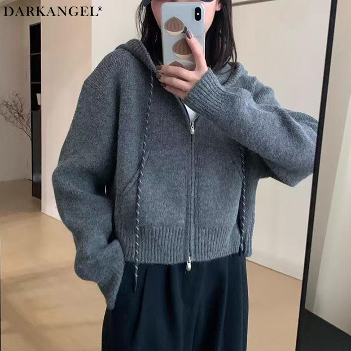 フード付きジップアップショートカーディガン