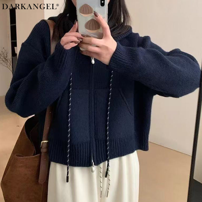 フード付きジップアップショートカーディガン