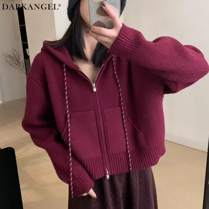 フード付きジップアップショートカーディガン