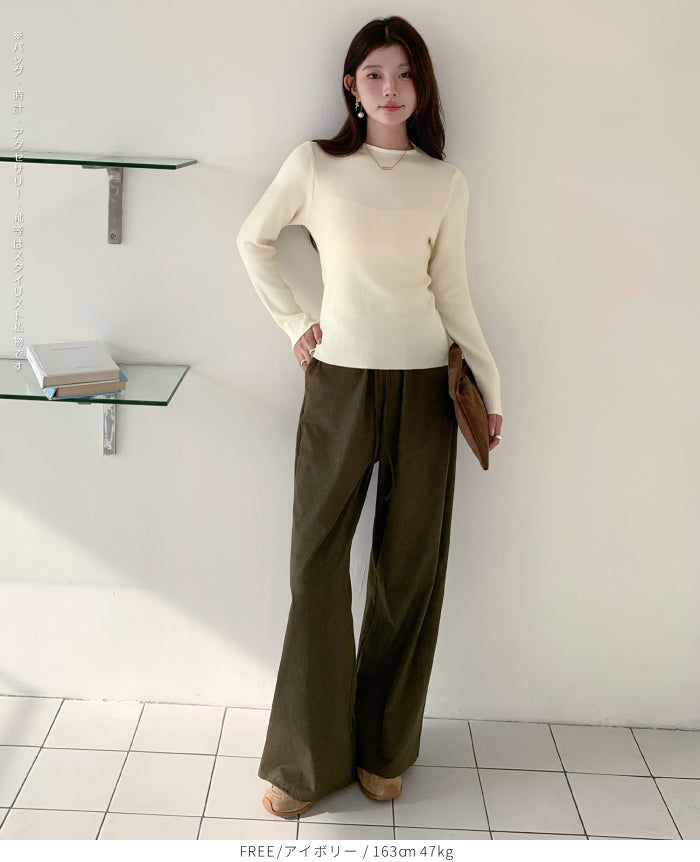 リブ ニット トップス 秋 レディース オフネック モックネック 長袖 セーター 伸縮性 きれいめ 細見え 無地 洗える シンプル きれいめ インナー 通勤 通学 オフィス カジュアル 秋冬