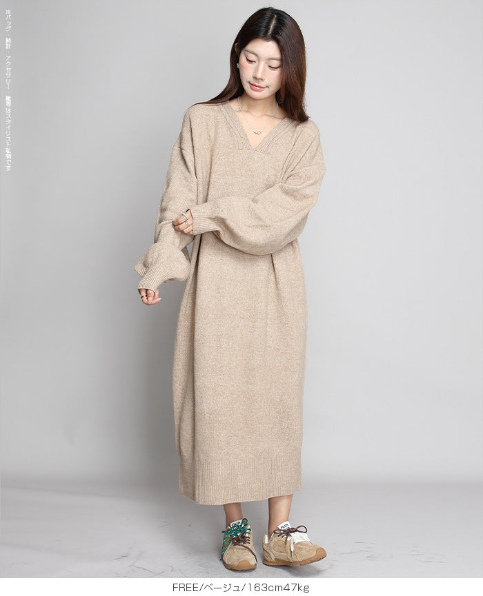 05color Vネックニットルーズワンピース