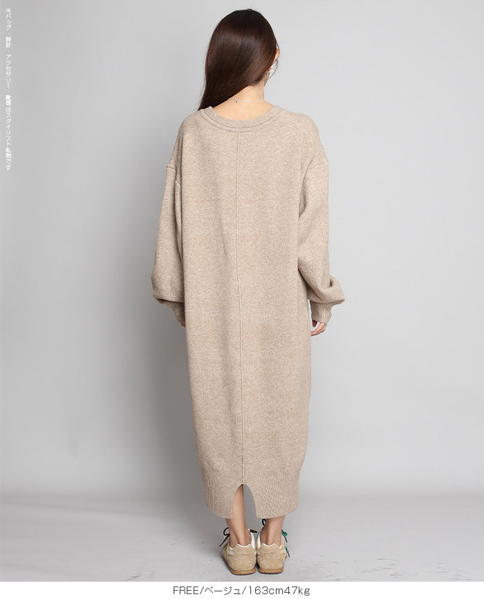 05color Vネックニットルーズワンピース