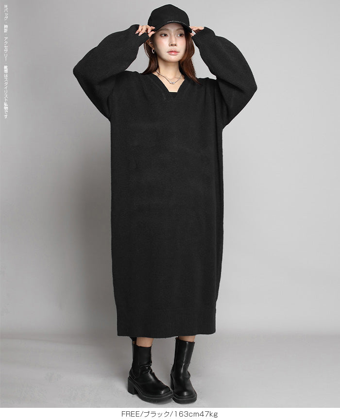 05color Vネックニットルーズワンピース