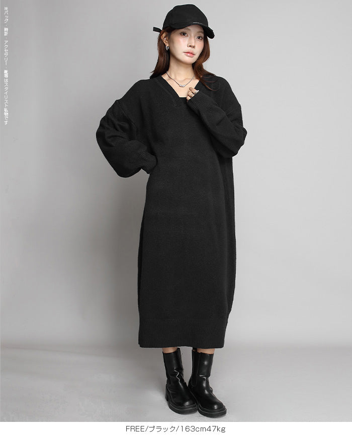 05color Vネックニットルーズワンピース