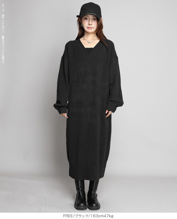 05color Vネックニットルーズワンピース