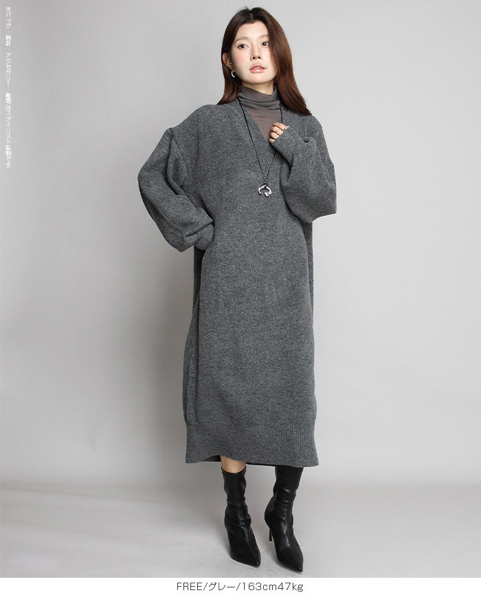 05color Vネックニットルーズワンピース